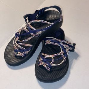 Chaco navy blue, white, and orange sandals size W6